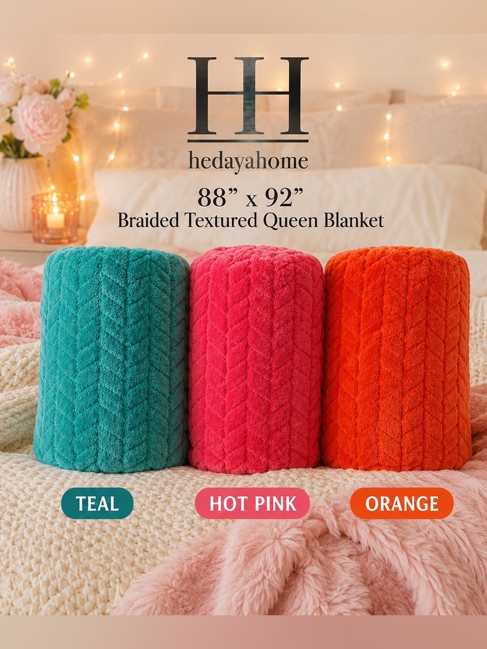 Hedaya Home Braided Textured Queen Blanket 88” x 92” NWT- Teal, Pink, Orange
